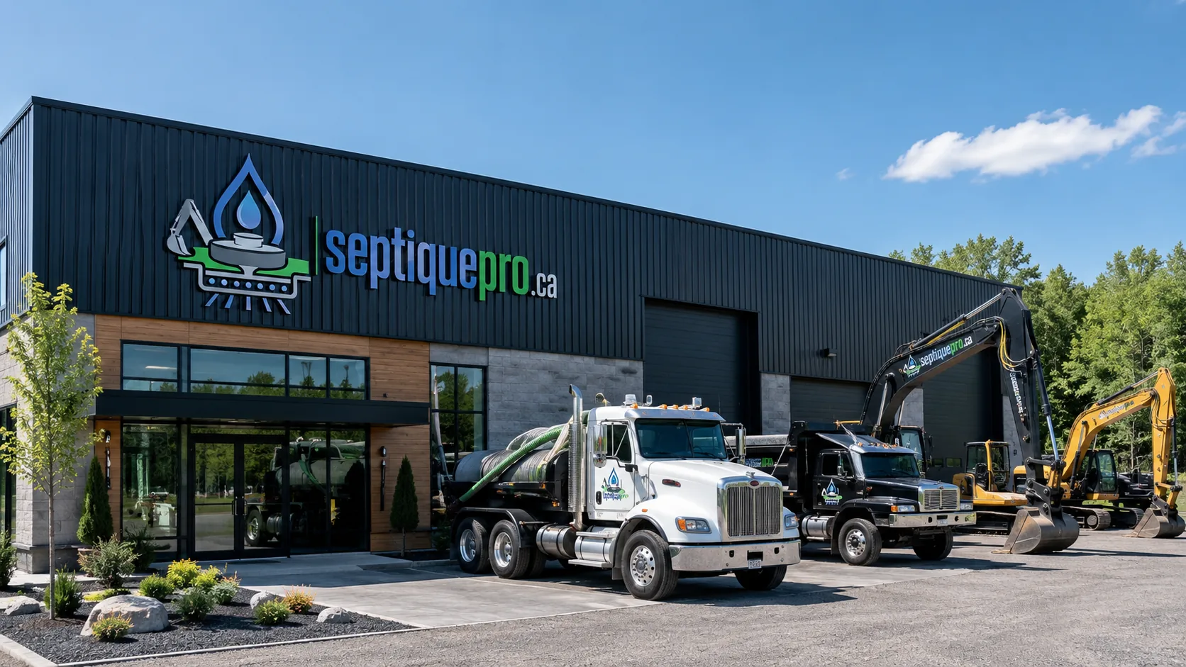 Bâtiment d'une entreprise d'excavation avec camions et pelles mécaniques