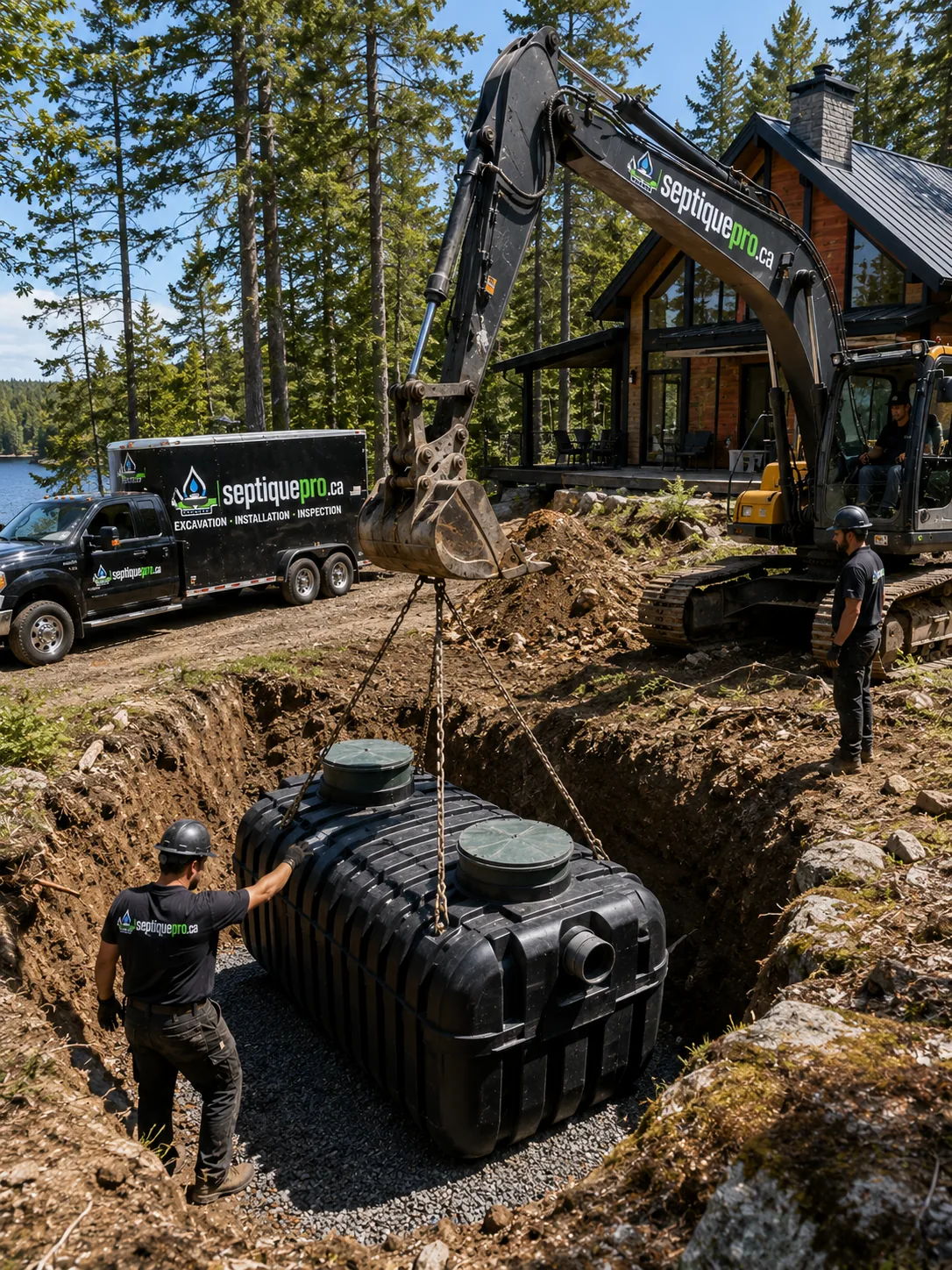 Installation d'une fosse septique en polyéthylène sur un terrain boisé